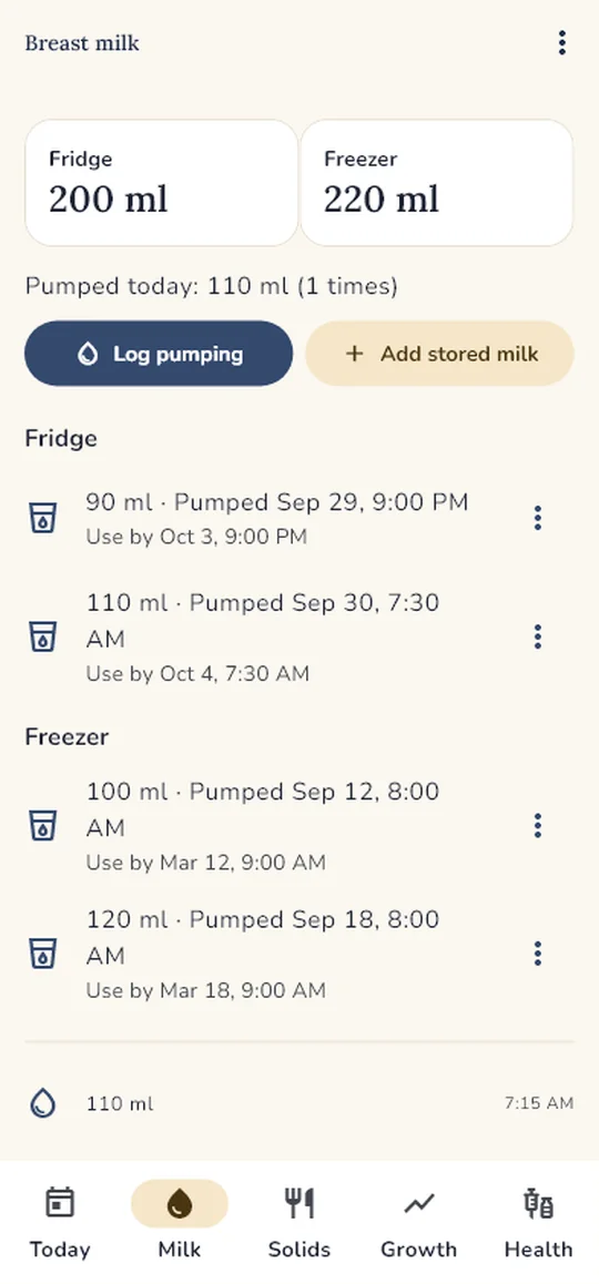 Breast milk screen: fridge and freezer stash with use-by dates