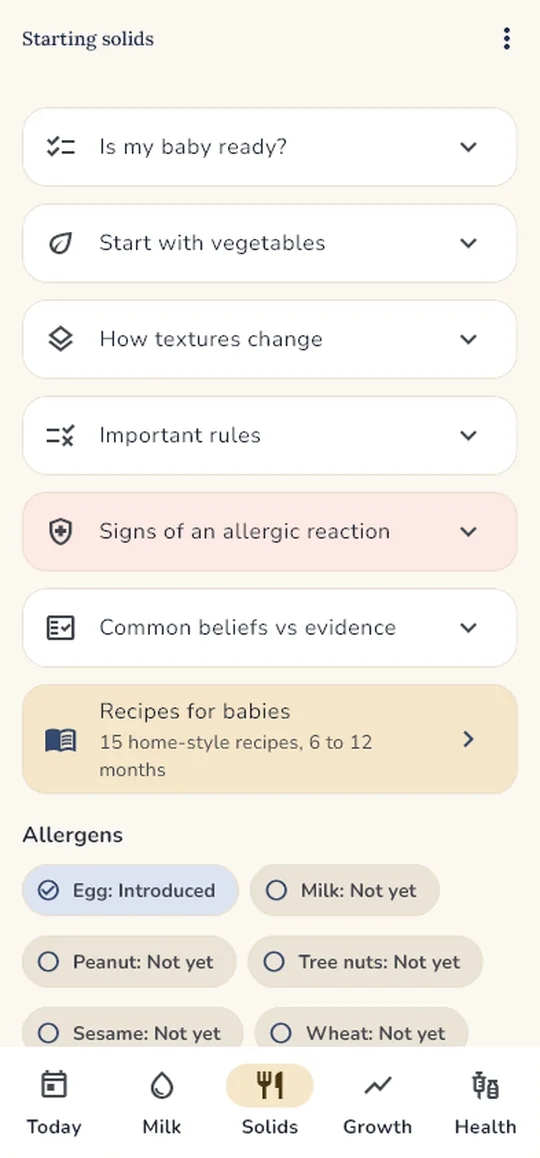 Starting solids: readiness guide, allergen tracker and food list